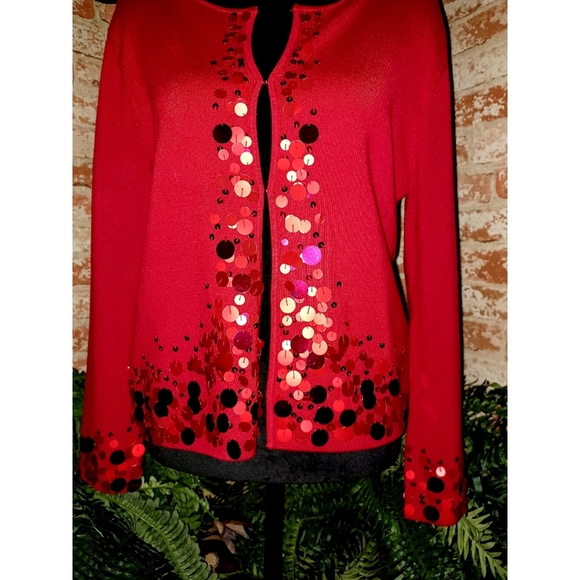 Ruby Rd. Red Sequin Detail Long Sleeve Knit Cardigan - Picture 5 of 16